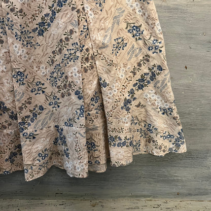 Laura Ashley 100% Cotton Tan Green Floral Print Pleated ALine Flare Skirt 11 Like New