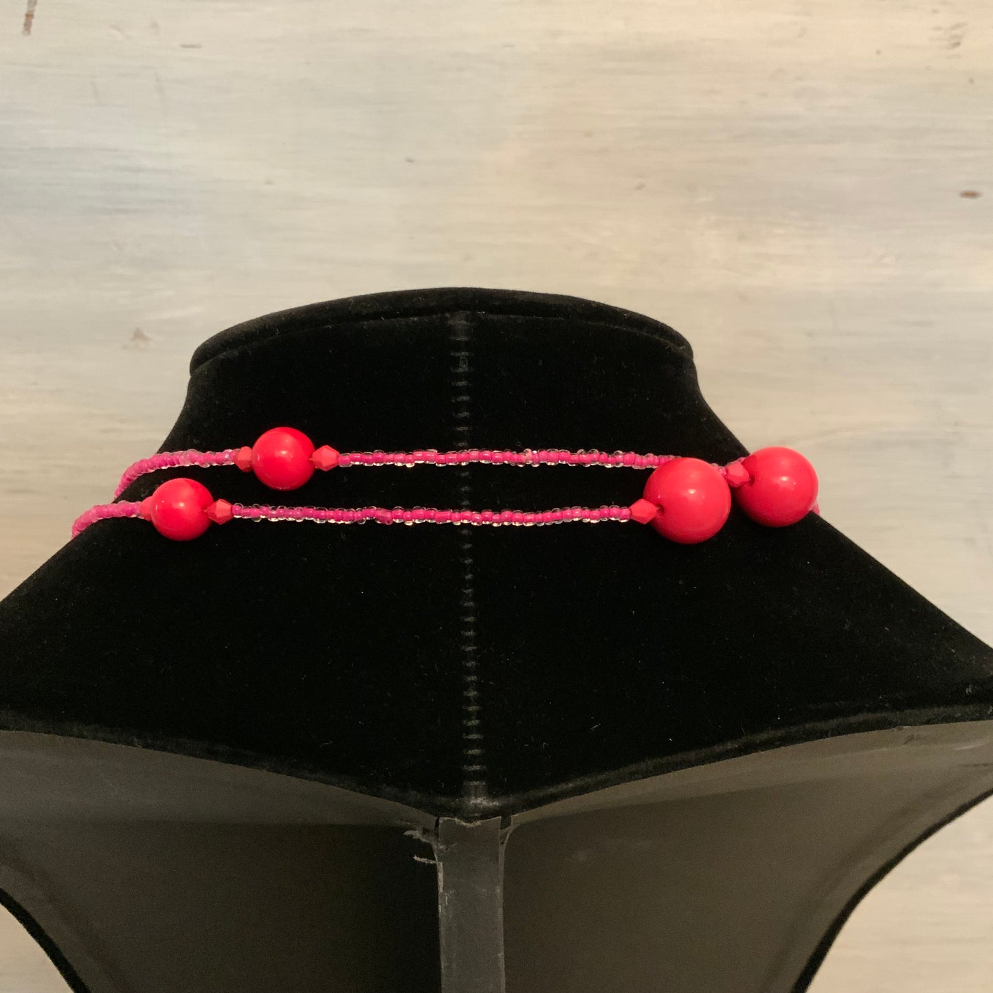 Hot Pink Long Beaded Wrap Layered Double Strand Statement Necklace 15-30" Good Condition