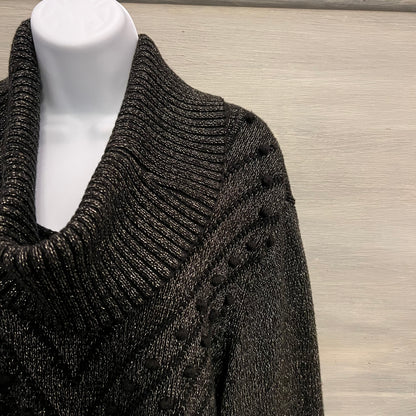 600 West Black Metallic Silver Thread Vneck Sweater w/ Removable Cowl XL Good Condition