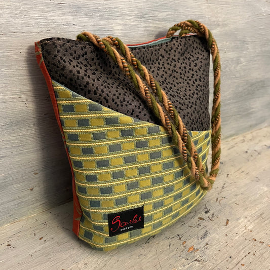 Scarlet Design Multi Pattern Fabric Yarn Handle Shoulder Bag Purse 10x10x4 Good Condition