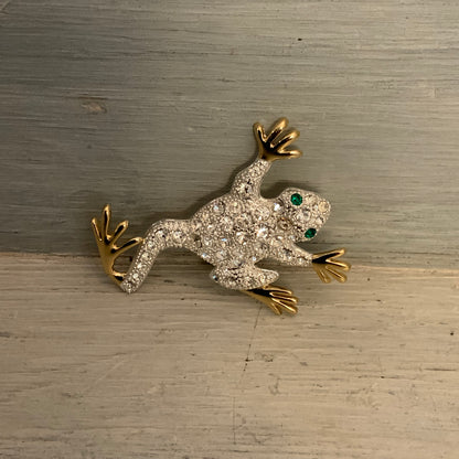 Vintage Silver & Gold Tone Bejeweled Frog Brooch Pin 2.5" Good Condition