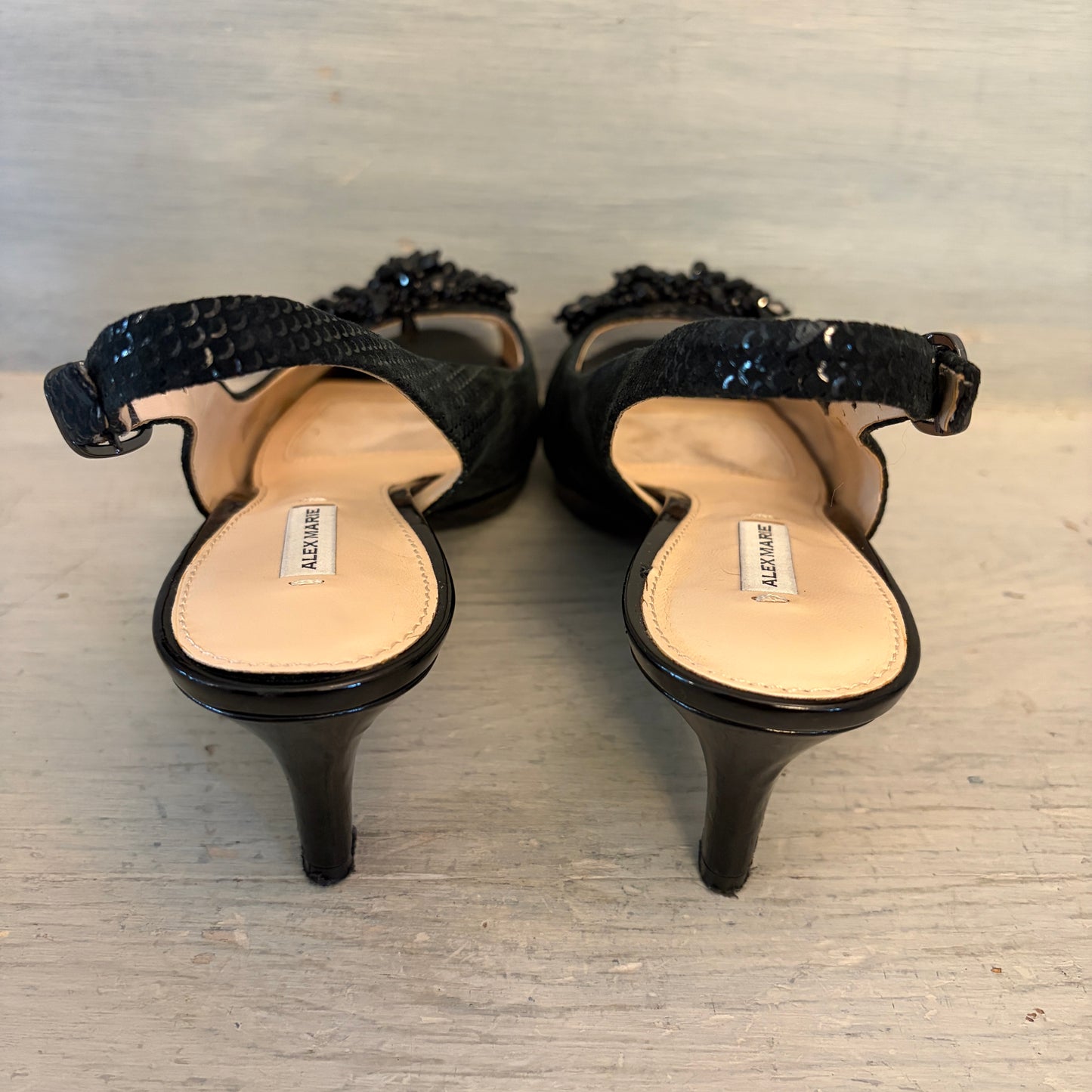 Alex Marie Black Leather Beaded Open Toe Slingback Kitten Heels Size 7 Good Condition