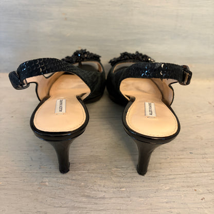 Alex Marie Black Leather Beaded Open Toe Slingback Kitten Heels Size 7 Good Condition