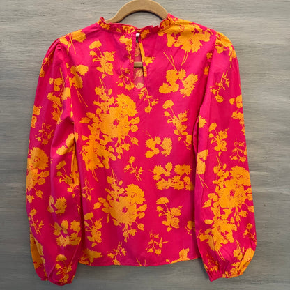Shein Hot Pink Orange Floral Print High Ruffle Collar Blouse Size Medium Good Condition