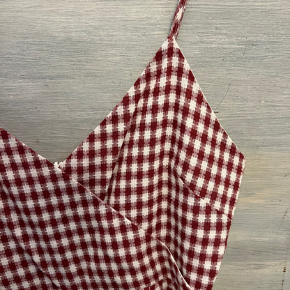Super Down 100% Cotton Burgundy White Check Faux Wrap Romper Medium Like New