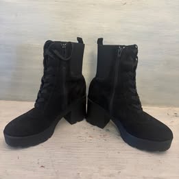 Rouge Faux Suede Black Platform Block High Heel Combat Booties Size 8 Good Condition