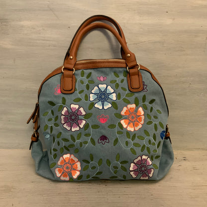 Cato Embroidered Flower Print Denim Brown Faux Leather Handbag Purse Like New