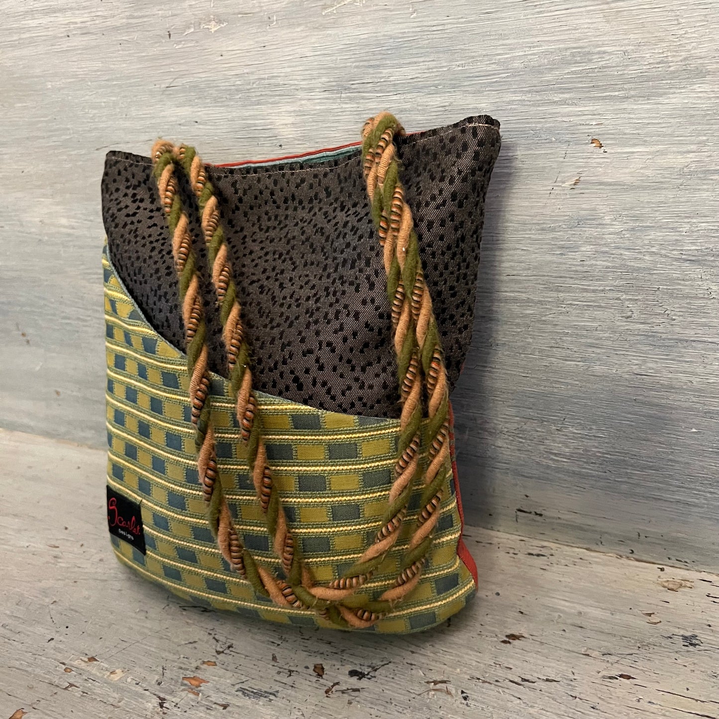 Scarlet Design Multi Pattern Fabric Yarn Handle Shoulder Bag Purse 10x10x4 Good Condition