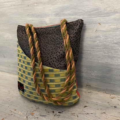 Scarlet Design Multi Pattern Fabric Yarn Handle Shoulder Bag Purse 10x10x4 Good Condition