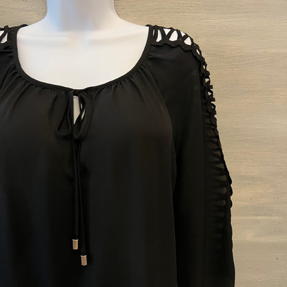 Zac & Rachel Black Keyhole Tie Front CrissCross Open 3/4 Sleeve Blouse Size Medium Good Condition