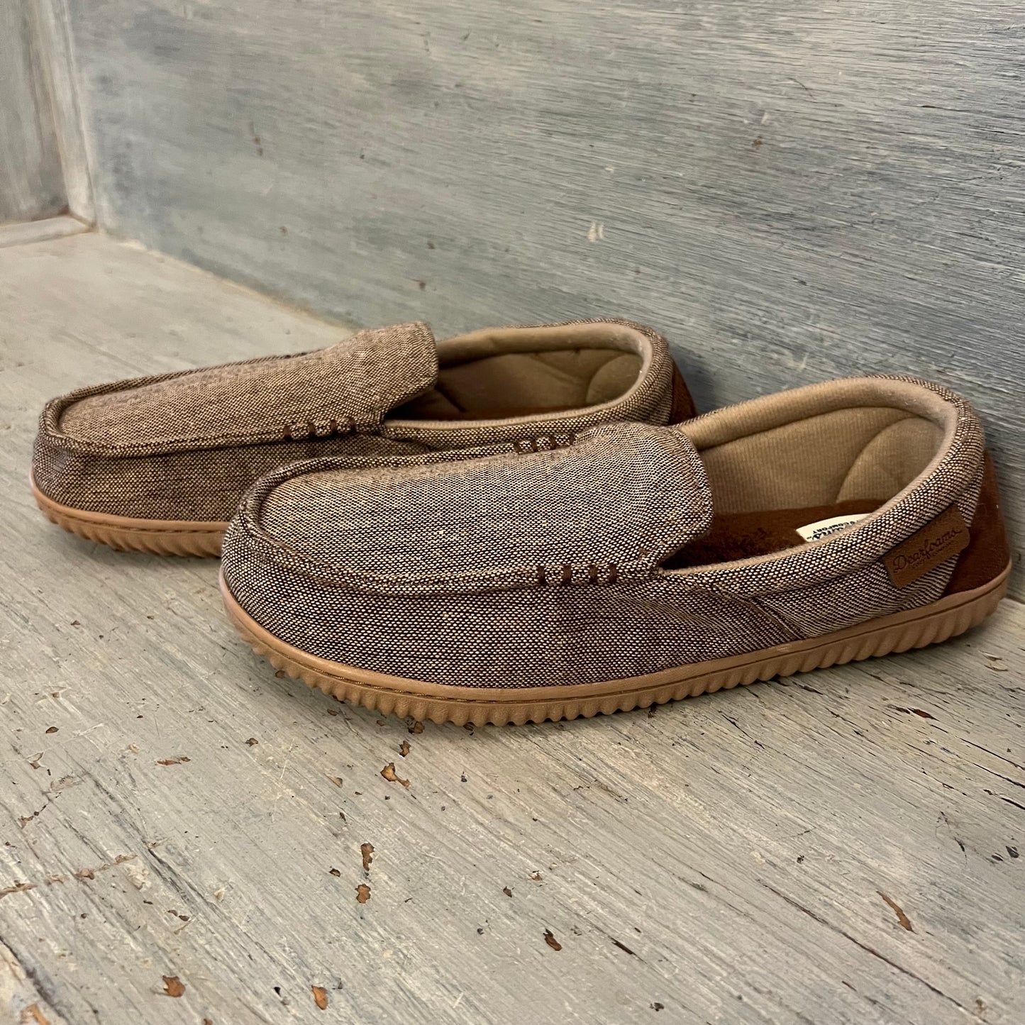 Dearfoams Cozy Comfort Tan Tweed Canvas Rubber Sole Slippers 9-10 Like New
