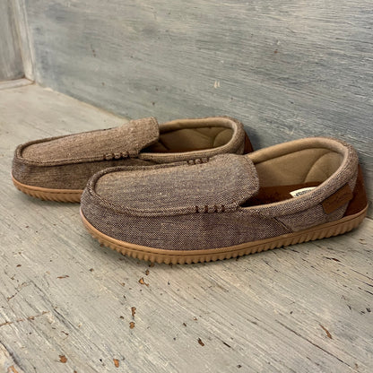 Dearfoams Cozy Comfort Tan Tweed Canvas Rubber Sole Slippers 9-10 Like New