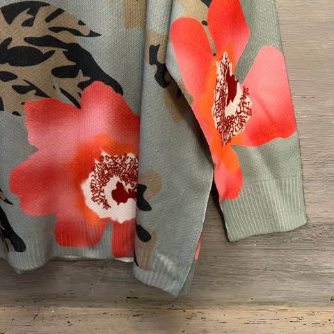 SHEIN Curve Sage Green Large Abstract Hibiscus Flower Crew Neck Sweater Size 3XL New without Tags