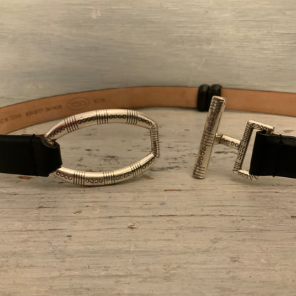 Vintage Talbots Black Genuine Leather Adjustable Fit Cinch Waist Belt Size S/M Good Condition