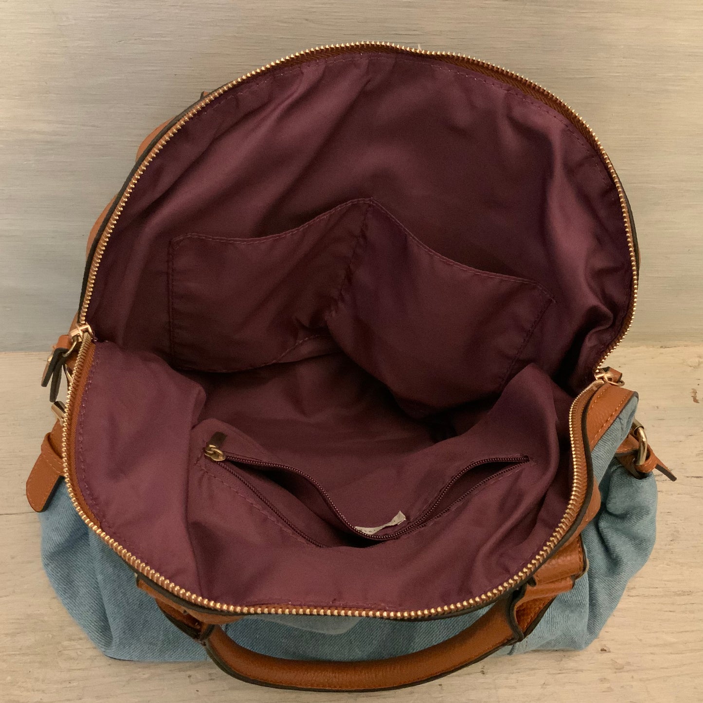 Cato Embroidered Flower Print Denim Brown Faux Leather Handbag Purse Like New