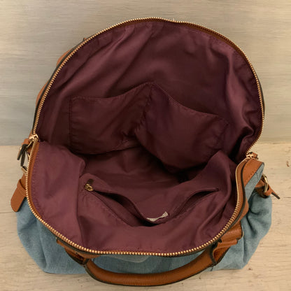 Cato Embroidered Flower Print Denim Brown Faux Leather Handbag Purse Like New