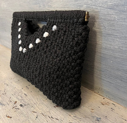 Vintage Handmade Black Beaded Macrame Clutch Handbag Purse Good Condition