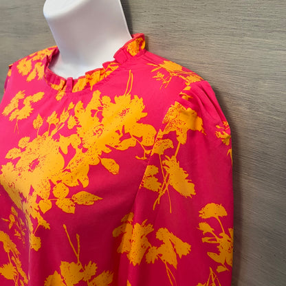 Shein Hot Pink Orange Floral Print High Ruffle Collar Blouse Size Medium Good Condition