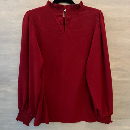 Jodifl Burgundy Wine High Ruffle Neck Balloon Sleeve Blouse Size Large Good Condition
