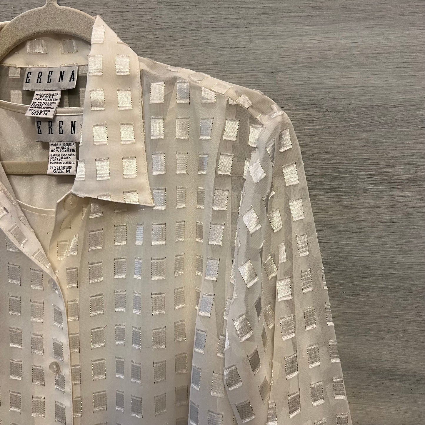 ERENA 2 Piece Sheer Cream Gold Square Pattern Button Down Blouse Medium New with Tags