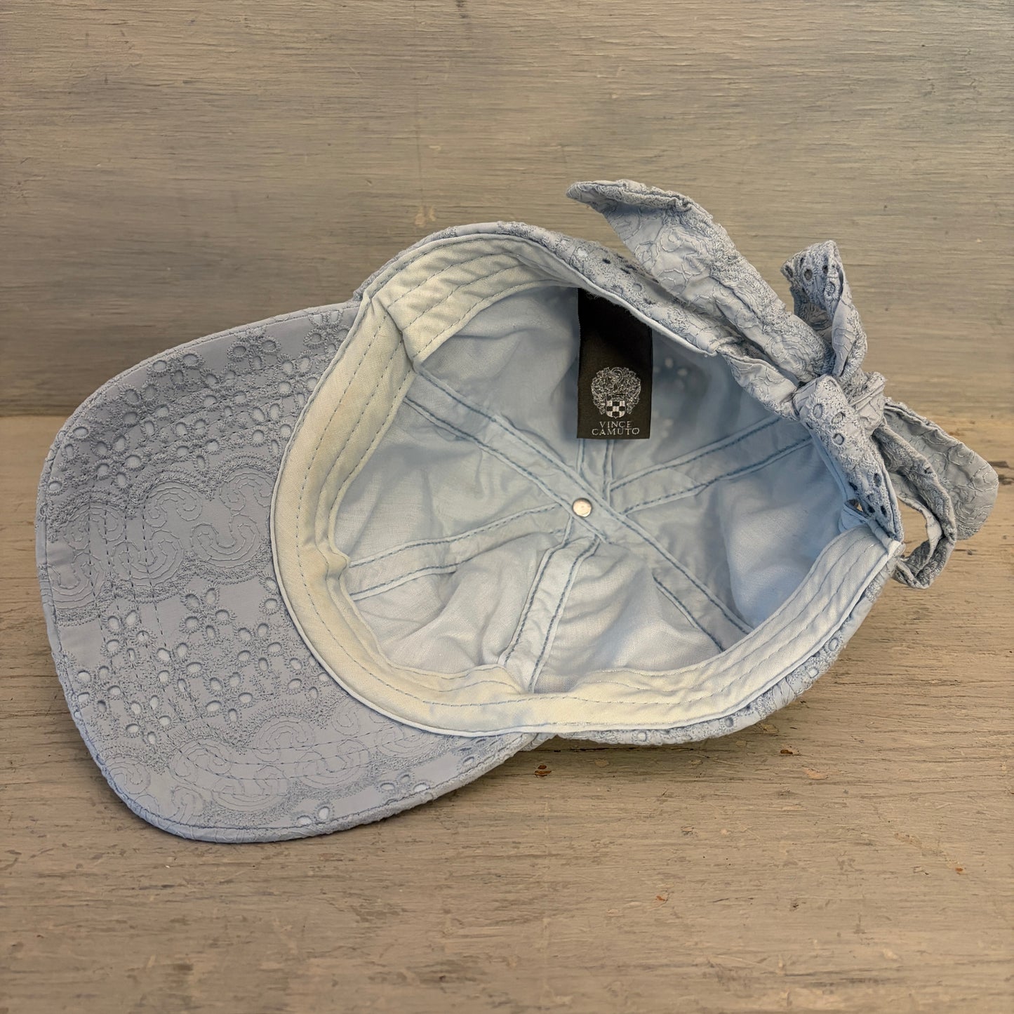 Vince Camuto 100% Cotton Pale Blue Eyelet Lace Adjustable Tie Baseball Cap One Size Good Condition