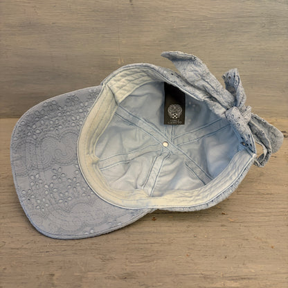 Vince Camuto 100% Cotton Pale Blue Eyelet Lace Adjustable Tie Baseball Cap One Size Good Condition