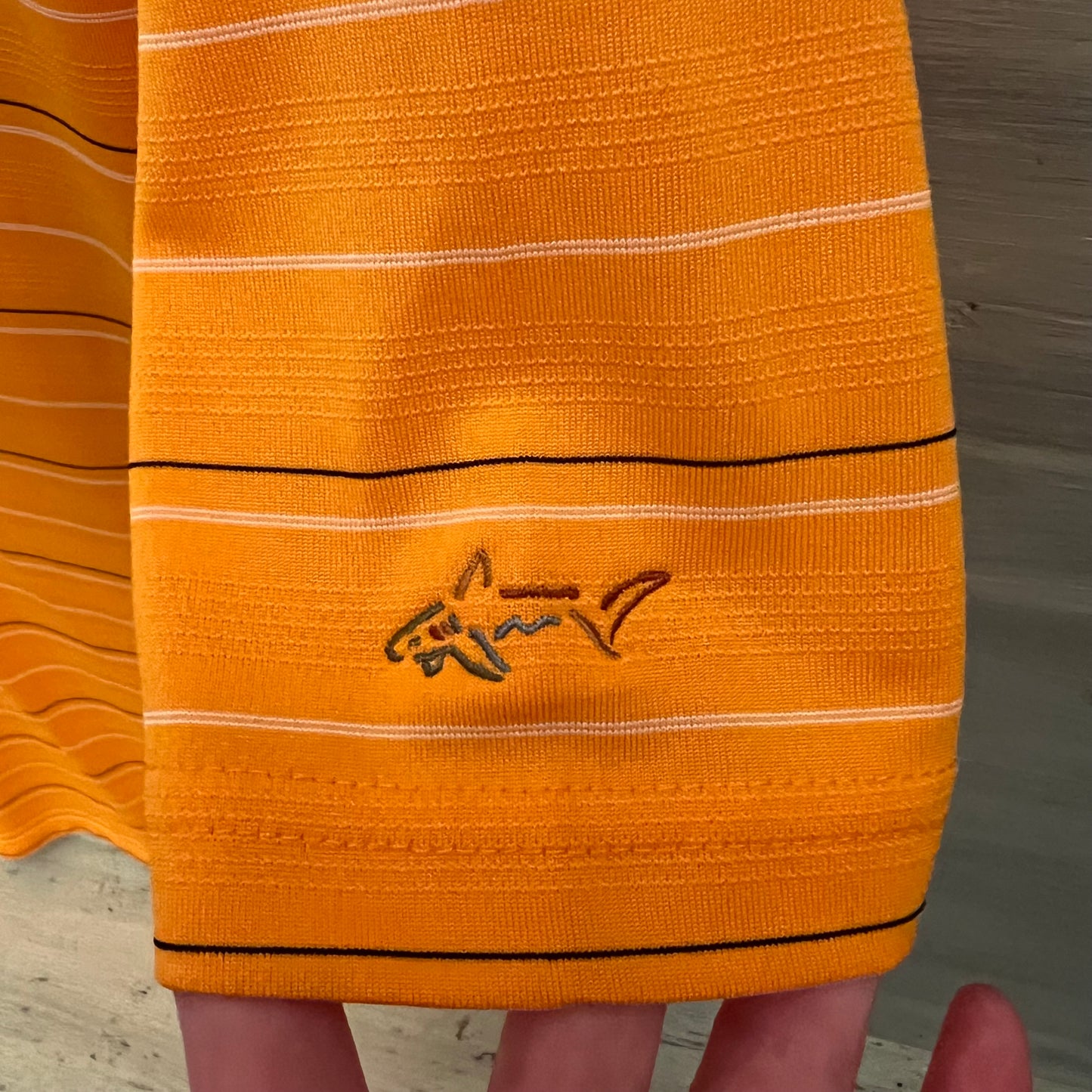 Greg Norman Play Dry Orange Striped Short Sleeve Polo Shirt Size Medium Good Condition