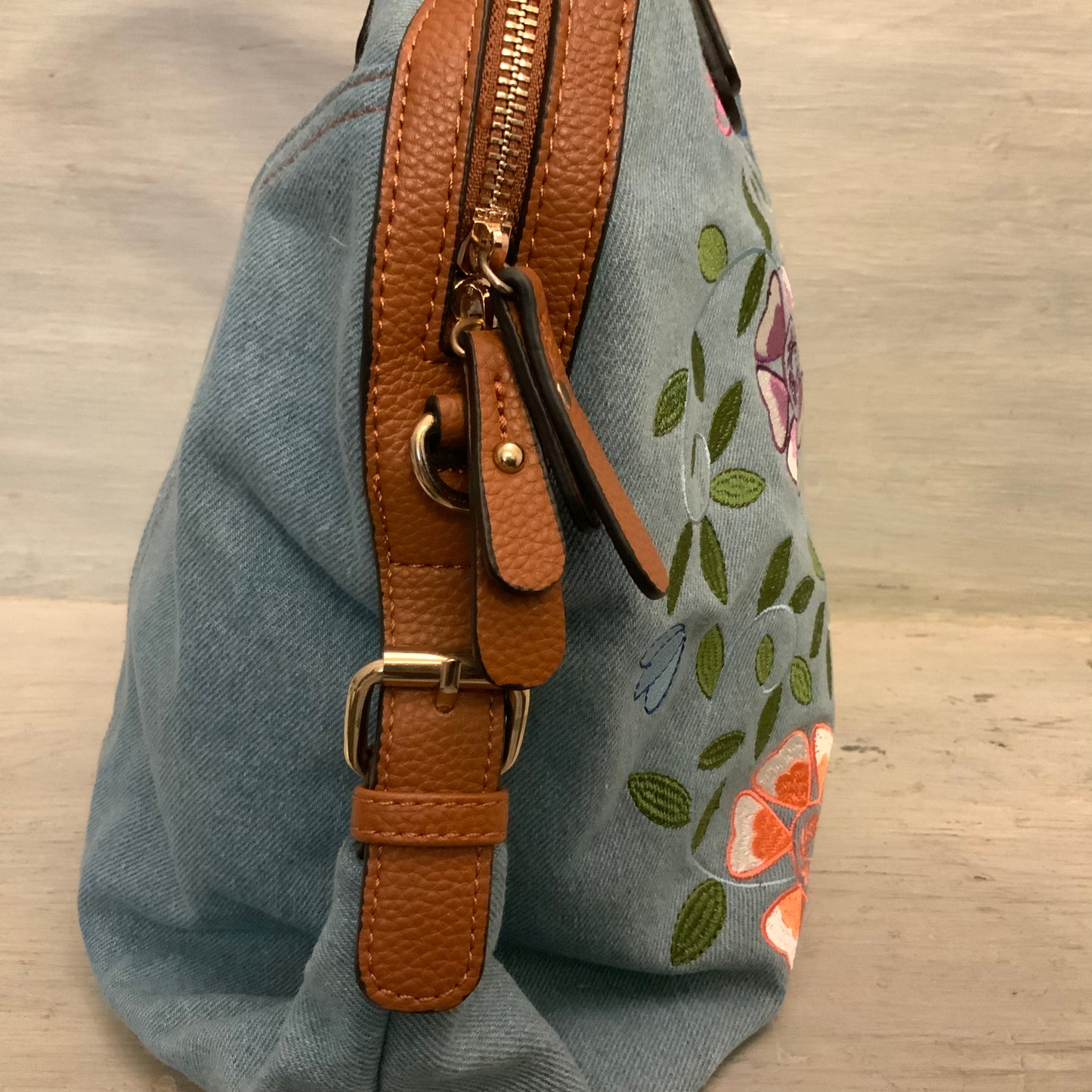 Cato Embroidered Flower Print Denim Brown Faux Leather Handbag Purse Like New