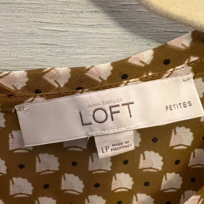 Loft Pink Lotus Print Sheer Crew Neck Ruffle Hem Blouse Size LP Like New