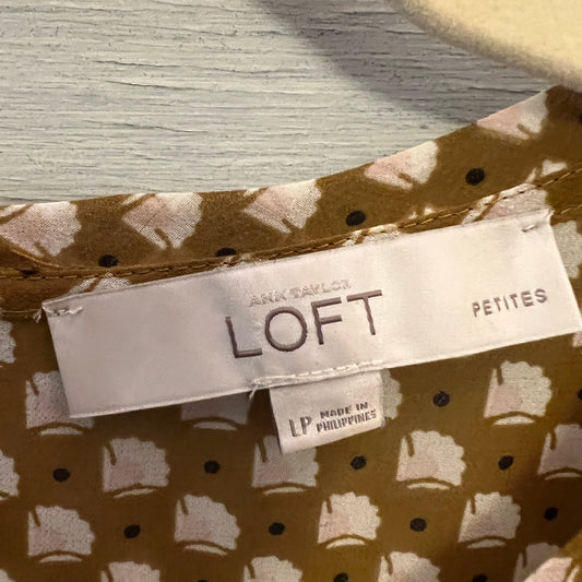 Loft Pink Lotus Print Sheer Crew Neck Ruffle Hem Blouse Size LP Like New