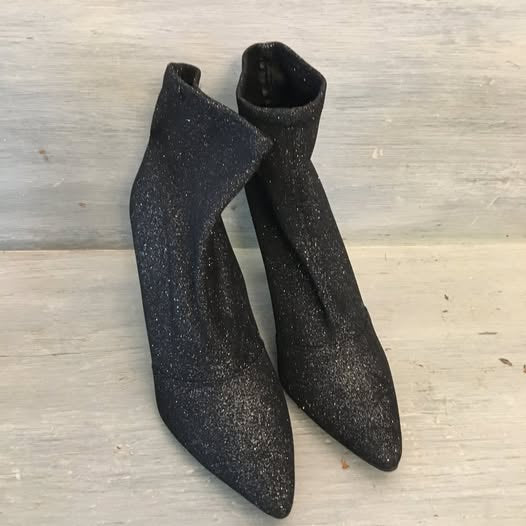 Brash Black Metallic Sock Booties Boots Size 8.5 US 4 inch Heels New Years Eve Like New