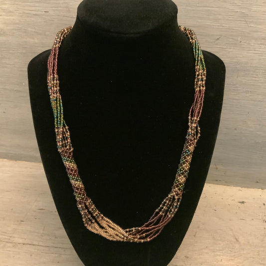 Unique Hand Beaded Purple Gold Green Mini Beaded Necklace 20”-21” New