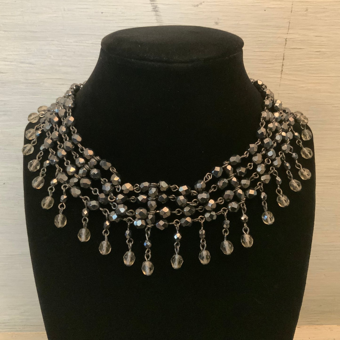 Black Faceted Multi Strand Beaded Choker Necklace w/ Dangling Beads 13-16" Good Condition