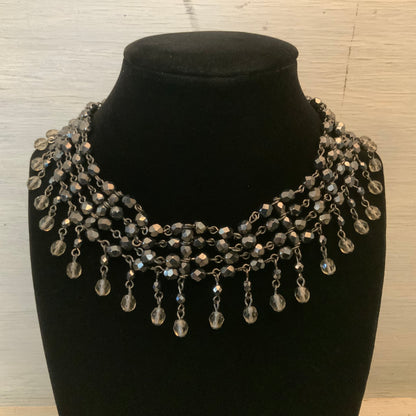 Black Faceted Multi Strand Beaded Choker Necklace w/ Dangling Beads 13-16" Good Condition