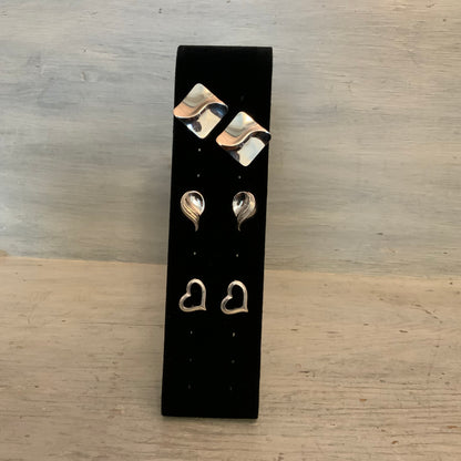 Set of 3 Geometric Silver Tone Stud Earrings Good Condition