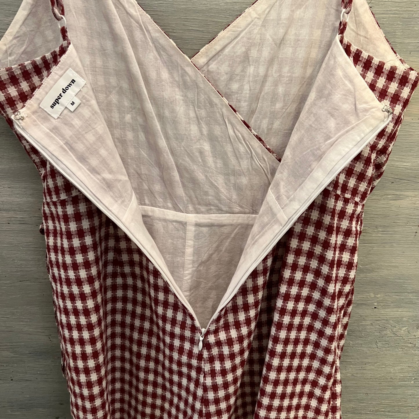 Super Down 100% Cotton Burgundy White Check Faux Wrap Romper Medium Like New