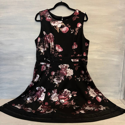 Leslie Fay Black Shimmery Floral Print Sleeveless Fit and Flare Dress Size 16 Good Condition