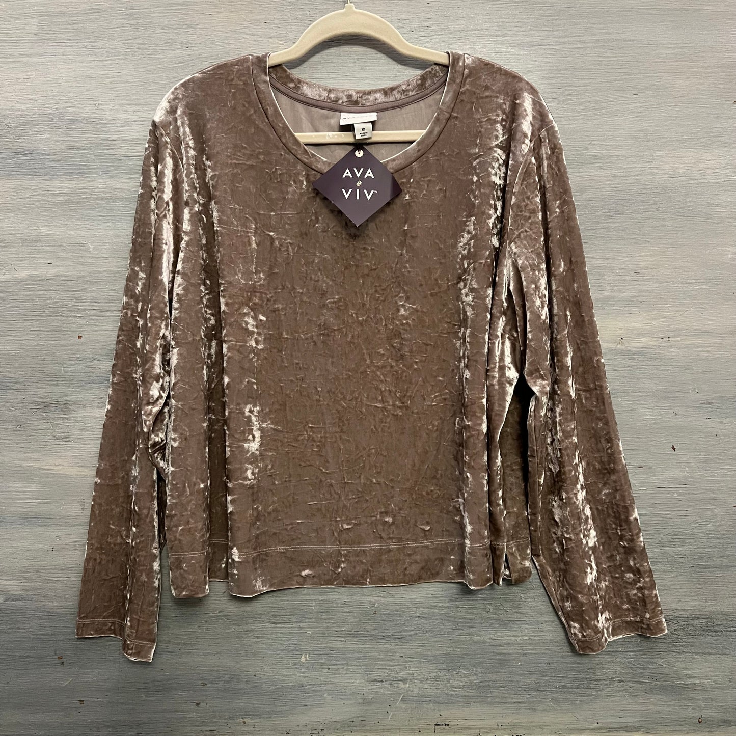 AVA & VIV Champagne Crushed Velvet Scoop Neck Cropped Pullover Top 1X New with Tags