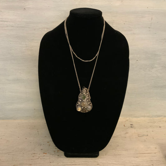 Vintage Antique Silver Tone Ornate Stone Encrusted Scent Flask Pendant 23" Good Condition