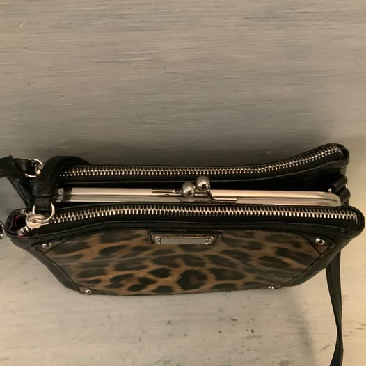 Nine West Faux Black Leather Leopard Print Crossbody Bag Purse 9x7x3 GC