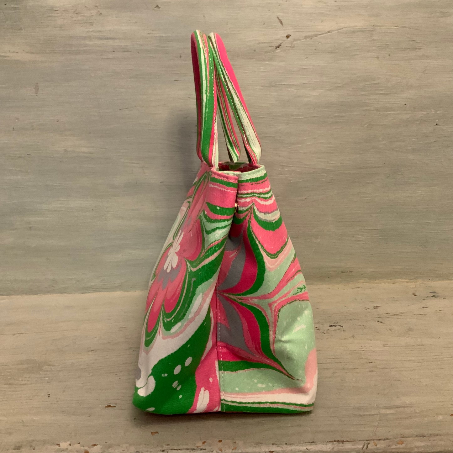 Estée Lauder Hot Pink Green Funky Flower Print Canvas Handbag Purse Like New