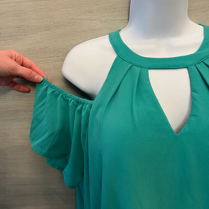 As U Wish Light Teal High Collar Off Shoulder Flutter Sleeve Mini Dress Size Medium Good Condition