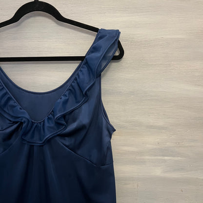 Vintage Shadowline Navy Blue Ruffle Neckline Full Length Night Gown Medium Good Condition