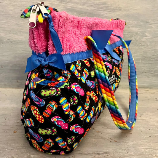 Stitches & Paint Accessories Quilted Fabric Flip Flop Print Tote Bag Purse Like New