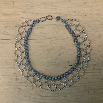 Beautifully Handbeaded Light Blue White Mini Bead Choker Necklace New