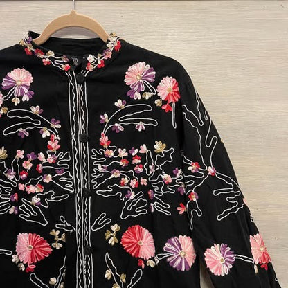 Vintage Take Two Clothing Co. Black Embroidered Flower Button Down Jacket Size Large Good Condition
