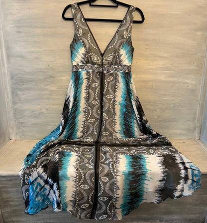 White House Black Market Aqua Charcoal Tie Dye Abstract Print Maxi Sun Dress Size 6 Good Condition