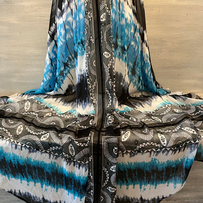 White House Black Market Aqua Charcoal Tie Dye Abstract Print Maxi Sun Dress Size 6 Good Condition