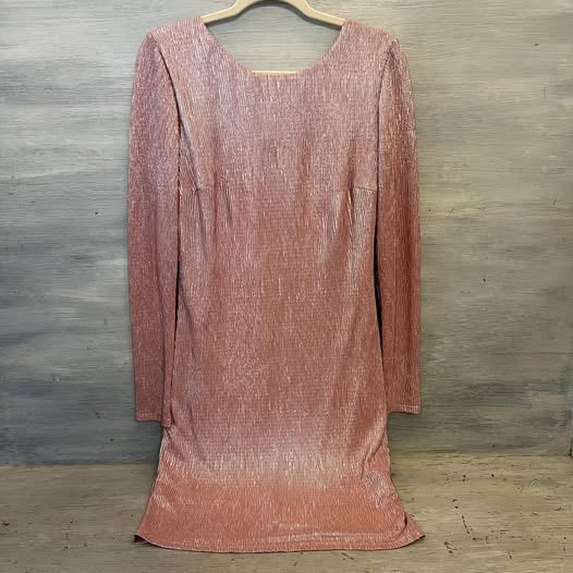 baily blue Metallic Pink Crepe Open Back Fitted Lined Dress XL Good Condition