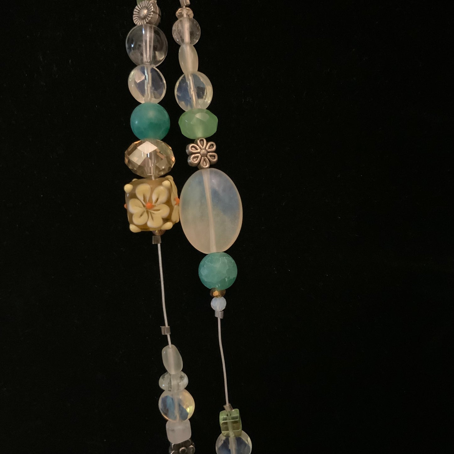 Elegant Hand Beaded Mint Yellow Clear Flower Long Wrap Necklace 36” Long New
